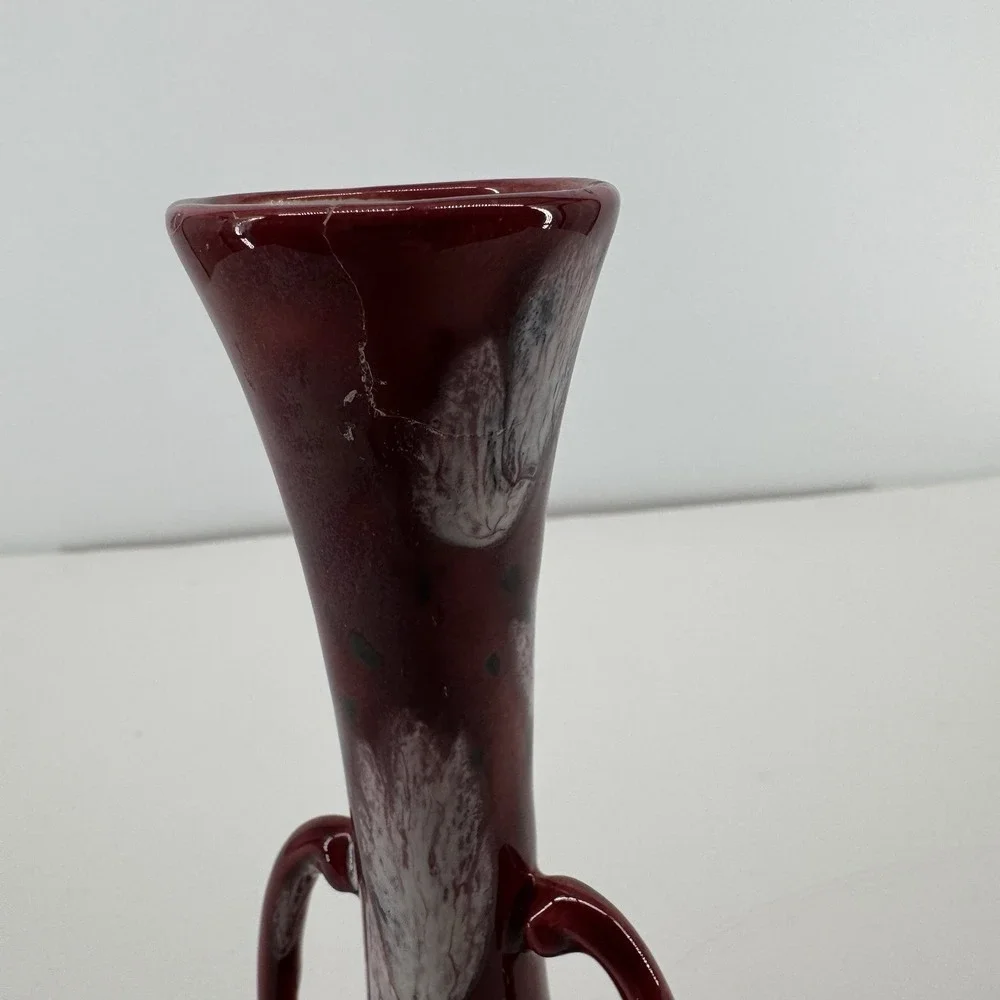 Vtg Art Nouveau Red Subtle Floral Drip Glaze Mid Century Double Handled Bud Vase